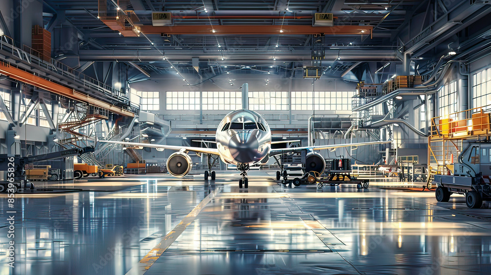 Photorealistic wide panorama of aircraft maintenance and repair in an airport hangar intricate details of aircraft tools and mechanics Photorealistic wide panorama of aircraft maintenance and repair in an airport hangar intricate details of aircraft tools and mechanics