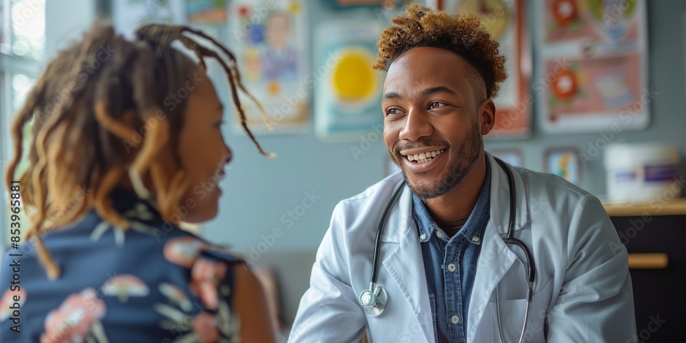 Doctor having a conversation with a patient in a brightly lit clinic Doctor having a conversation with a patient in a brightly lit clinic