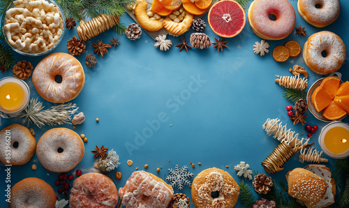 Sufganiyah on a blue background. View from above. Hanukkah jelly donut Sufganiyah, wooden dreidels photo