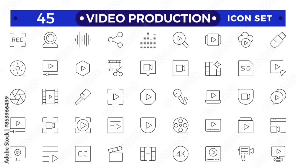 Video icon set. Containing camera, play, pause, media, online video, live, production, player, movie and cinema icons.video production icon outline icon collection. Video icon set. Containing camera, play, pause, media, online video, live, production, player, movie and cinema icons.video production icon outline icon collection.