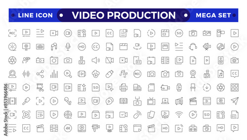 Video icon set. Containing camera, play, pause, media, online video, live, production, player, movie and cinema icons.video production icon outline icon collection.