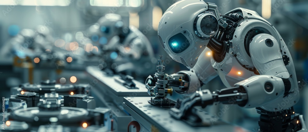 Fototapeta premium Robots assembling small mechanical parts with high precision in an industrial setting