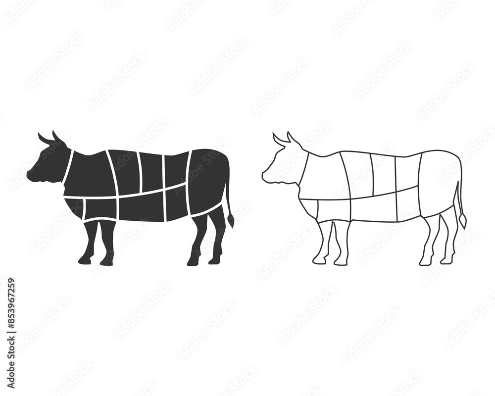 Beef butcher diagram template. Cuts of Beef line icon. Vintage template for groceries, butcher shop, meat packaging. Vector illustration
