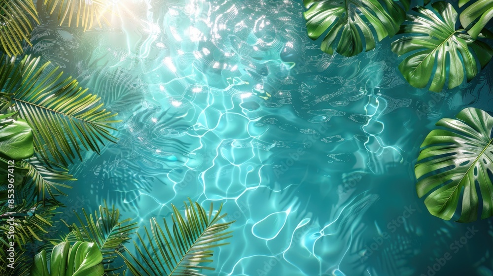 Fototapeta premium 3D rendering of palm leaves shadow on the water surface in a swimming pool with a light blue background