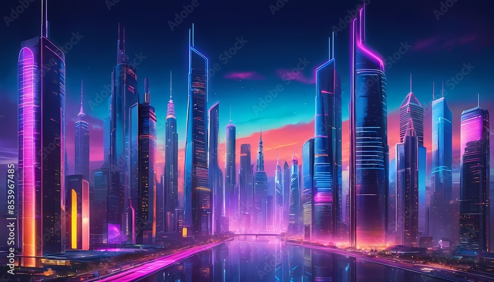 Vibrant cityscape at dusk with futuristic skyscrapers and glowing neon lights. Vibrant cityscape at dusk with futuristic skyscrapers and glowing neon lights.