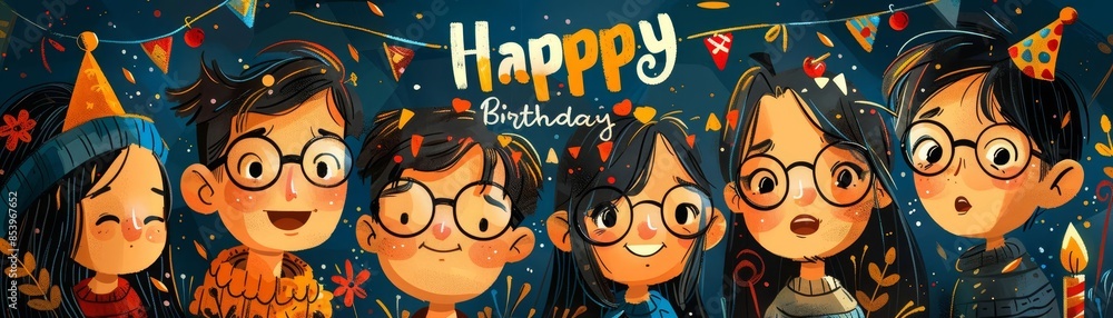 Obraz premium Illustrate a festive family at eye-level angle, cheering under a Happy Birthday banner! Utilize vibrant colors and intricate details in a realistic, lively style