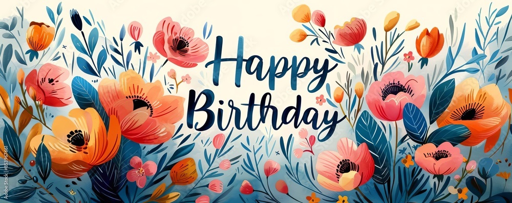 Fototapeta premium Illustrate a vibrant watercolor Happy Birthday card from a worms-eye view with intricate floral motifs