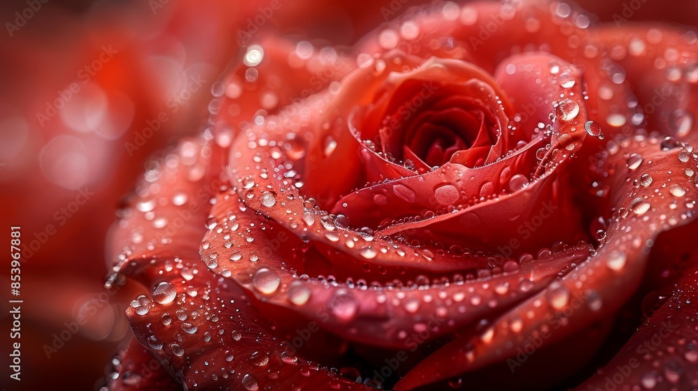 Naklejka premium A close-up of a dew-covered red rose in the early morning light, with droplets of water magnifying the intricate details of its petals