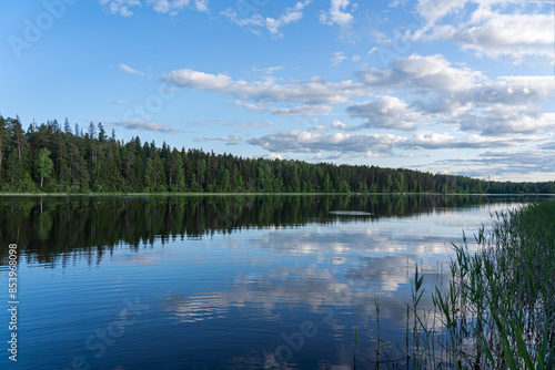 Reflection of sky, clouds and trees in lake water