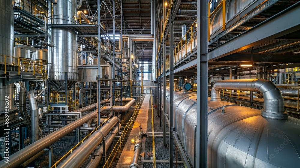 Fototapeta premium Industrial Interior with Pipes and Metal Structures