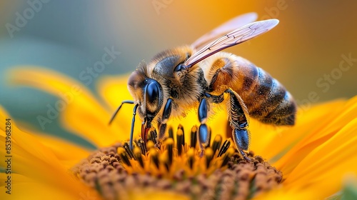 Close-up of a bee on a vibrant sunflower, with a soft-focus background.