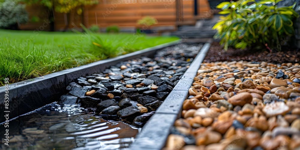 French drain system with stones near house wall for water drainage. Concept French Drain Installation, Stone Drainage System, Protecting House from Water, Landscaping Solutions French drain system with stones near house wall for water drainage. Concept French Drain Installation, Stone Drainage System, Protecting House from Water, Landscaping Solutions