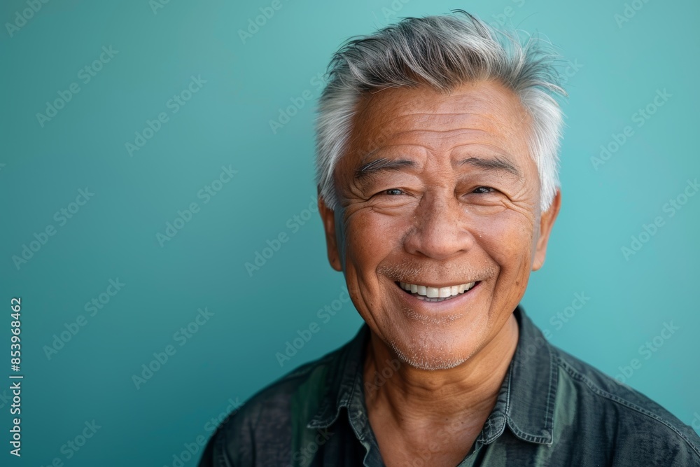 Portrait of a tender asian man in his 60s smiling at the camera in front of pastel teal background Portrait of a tender asian man in his 60s smiling at the camera in front of pastel teal background