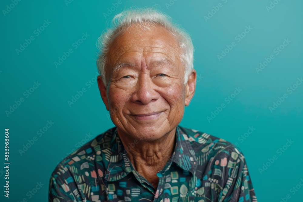 Portrait of a tender asian man in his 60s smiling at the camera while standing against pastel teal background Portrait of a tender asian man in his 60s smiling at the camera while standing against pastel teal background