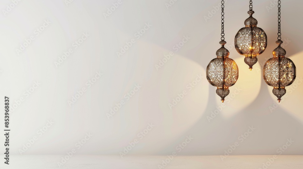 Three Ornate Lanterns Hanging Against a White Wall Three Ornate Lanterns Hanging Against a White Wall