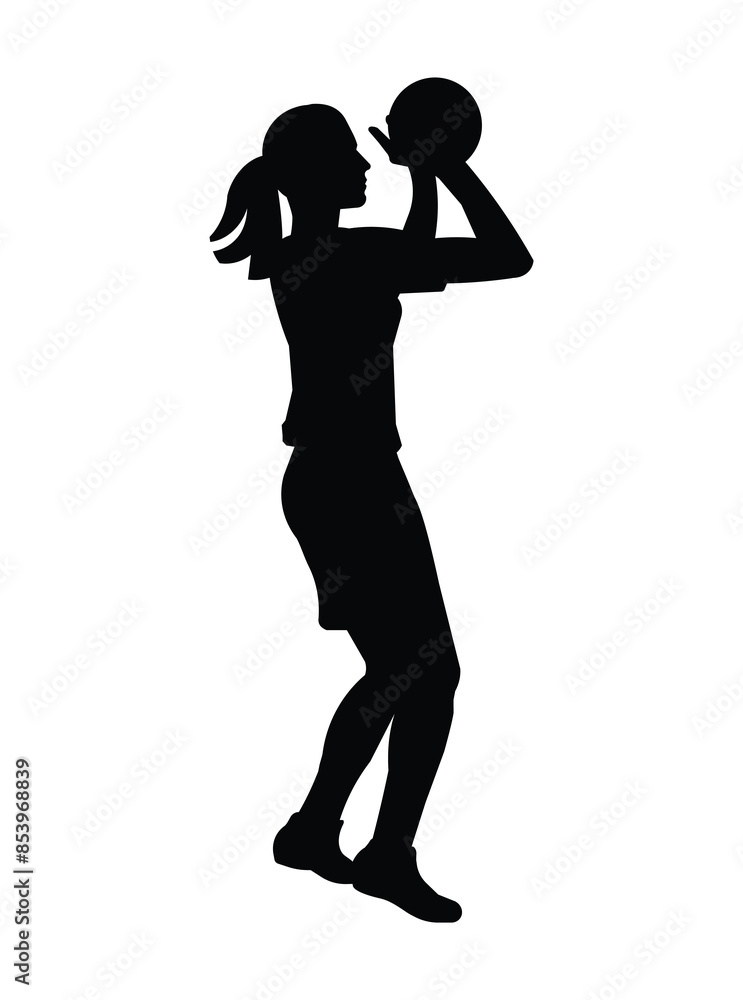 Black Isolated silhouette of girl volleyball player jumps up to push the ball with two hands Black Isolated silhouette of girl volleyball player jumps up to push the ball with two hands
