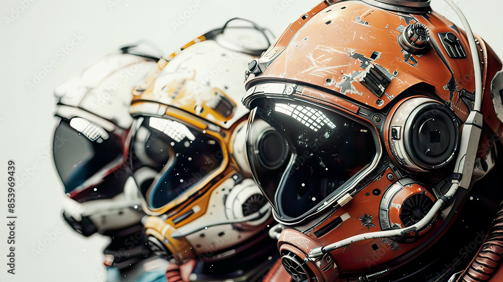 Fototapeta premium Ultra-detailed depiction of a collection of space helmets detailed textures and designs isolated on a white lighting futuristic space gear