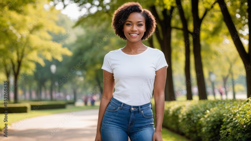 Fototapeta premium Young black woman with short hair wearing white t-shirt and blue jeans standing in the park