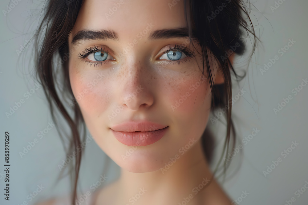 Close-up portrait of a woman with flawless skin, showcasing her natural beauty in a stunning beauty concept. Close-up portrait of a woman with flawless skin, showcasing her natural beauty in a stunning beauty concept.