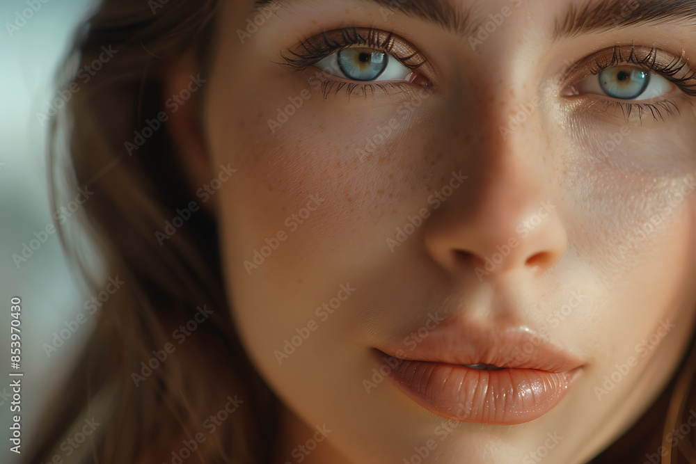 Close-up portrait of a woman with flawless skin, showcasing her natural beauty in a stunning beauty concept. Close-up portrait of a woman with flawless skin, showcasing her natural beauty in a stunning beauty concept.