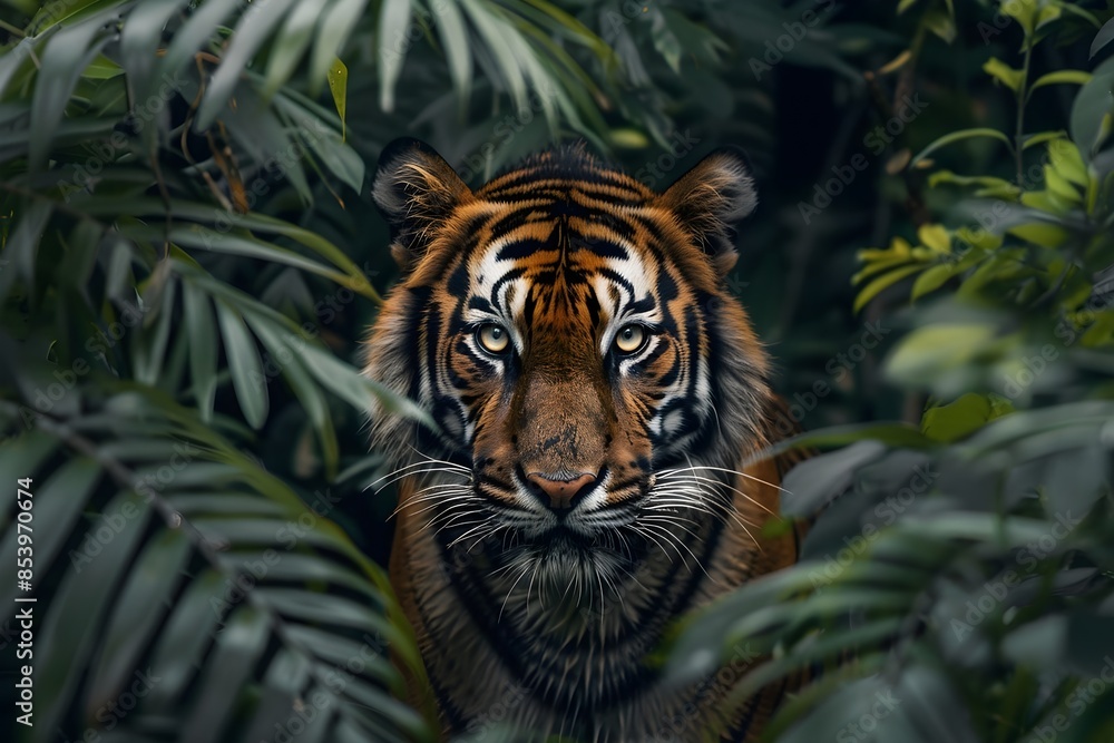 A tiger in a dense jungle, majestic, powerful, sharp eyes A tiger in a dense jungle, majestic, powerful, sharp eyes