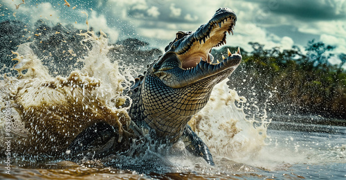 Closeup of a giant crocodile jumping out of the water with a big splash