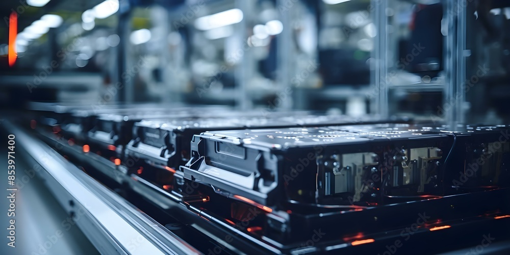 Electric Vehicle Battery Cell Assembly Line in Mass Production A Close-Up View. Concept Electric Vehicles, Battery Technology, Mass Production, Assembly Line, Close-Up View Electric Vehicle Battery Cell Assembly Line in Mass Production A Close-Up View. Concept Electric Vehicles, Battery Technology, Mass Production, Assembly Line, Close-Up View