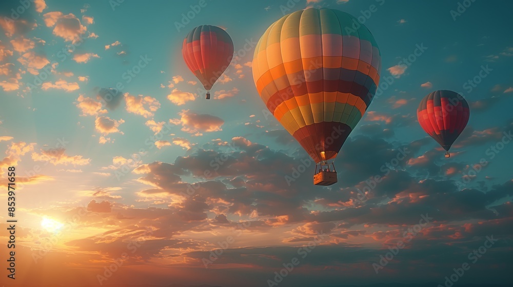 Obraz premium A picturesque scene of three hot air balloons gliding through the sky at sunset, showcasing vibrant colors and a breathtaking backdrop of clouds.