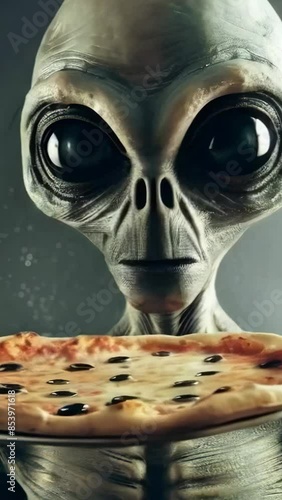 An alien holding a pizza in its hands photo