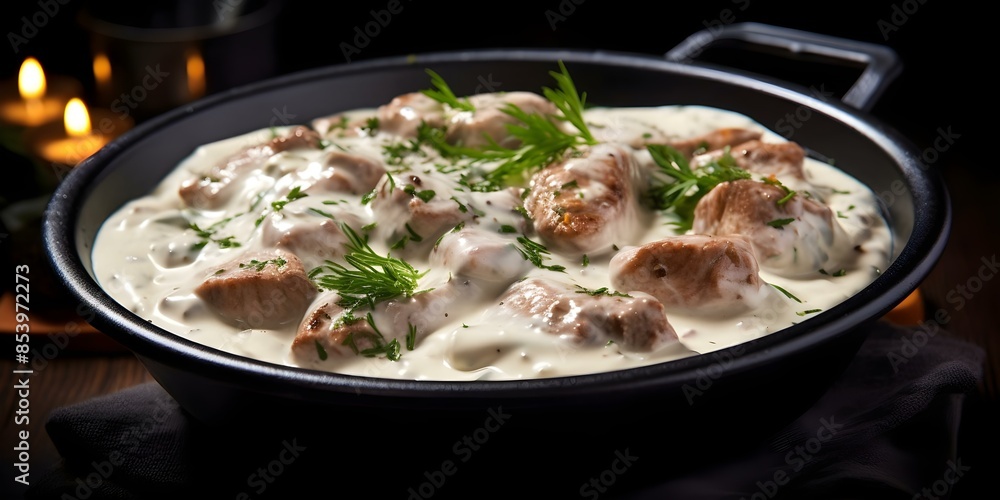 French slowcooked veal in creamy white sauce a visual and aromatic delight. Concept French Cuisine, Slow Cooking, Veal Recipes, Creamy White Sauce, Aromatic Delight French slowcooked veal in creamy white sauce a visual and aromatic delight. Concept French Cuisine, Slow Cooking, Veal Recipes, Creamy White Sauce, Aromatic Delight