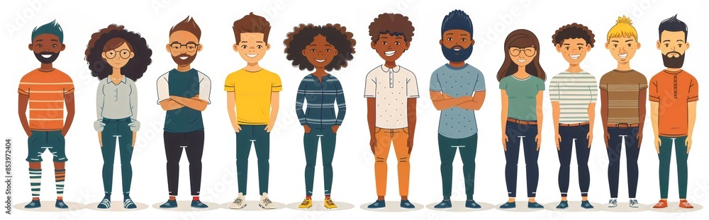 Naklejka premium Diverse people standing in line on white background smiling, cartoon style illustration