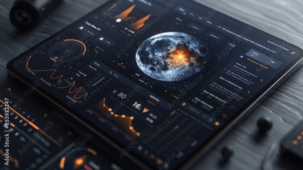 Fototapeta premium A close-up of a tablet displaying detailed information about the moon, including charts, graphs, and a 3D rendering of the moons surface.