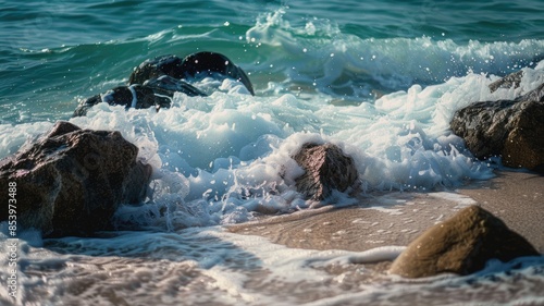 Wallpaper Mural Waves crashing against rocks on sandy beach shore Torontodigital.ca
