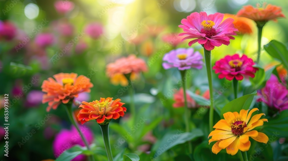 Colorful zinnias in vibrant garden, blooming under warm sunlight Colorful zinnias in vibrant garden, blooming under warm sunlight