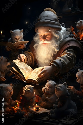 Santa Claus reading a book in front of the fireplace. 3d rendering © Iman