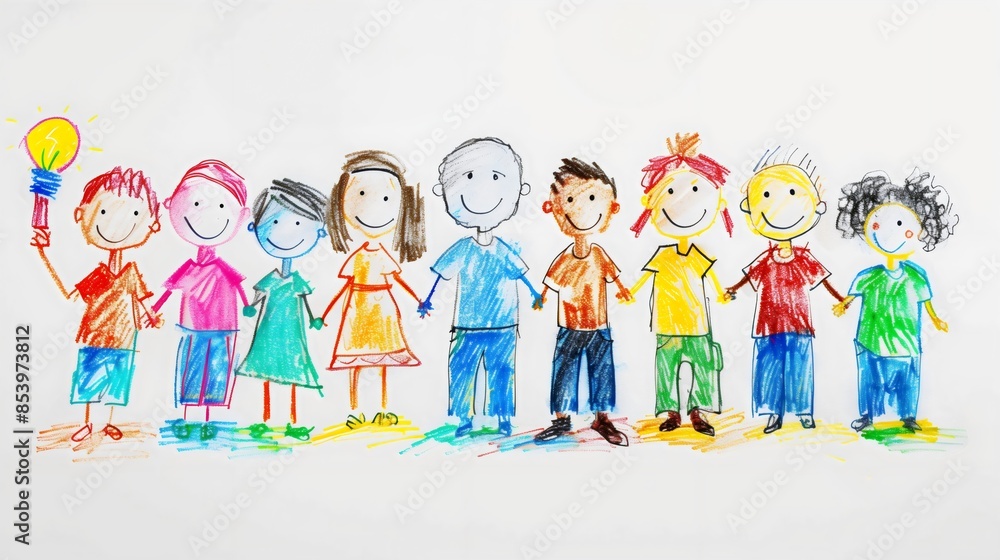 Colorful childrens crayon drawing of people holding hands, friendship concept Colorful childrens crayon drawing of people holding hands, friendship concept