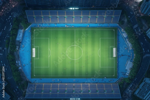 Wallpaper Mural Aerial view of a soccer stadium during a daytime match, showing the green field, players, and filled stands. Torontodigital.ca