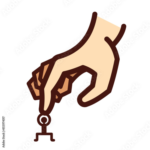 Hand pusing on small stick man person. Strong versus weak themed icon illustration with outline isolated on square white background. Simple flat cartoon art styled drawing.