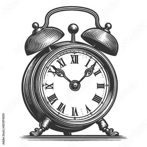 vintage alarm clock with visible hands and hour marks representing concept of time in a classic style sketch engraving generative ai vector illustration. Scratch board imitation. Black and white image