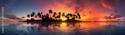 island sunset over calm waters with palm trees reflecting the orange sky