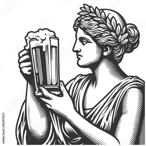 classical ancient greek statue of woman with frothy beer mug, celebration sketch engraving generative ai fictional character vector illustration. Scratch board imitation. Black and white image.