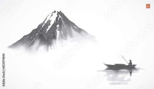 Ink wash painting of а mountain and a fisherman in a boat on calm water. Traditional Japanese ink wash painting sumi-e.  Translation of hieroglyph - eternity

