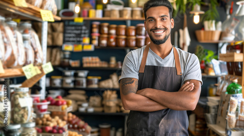 Portrait of a smiling male seller in apron standing with crossed arms in a coffee shop