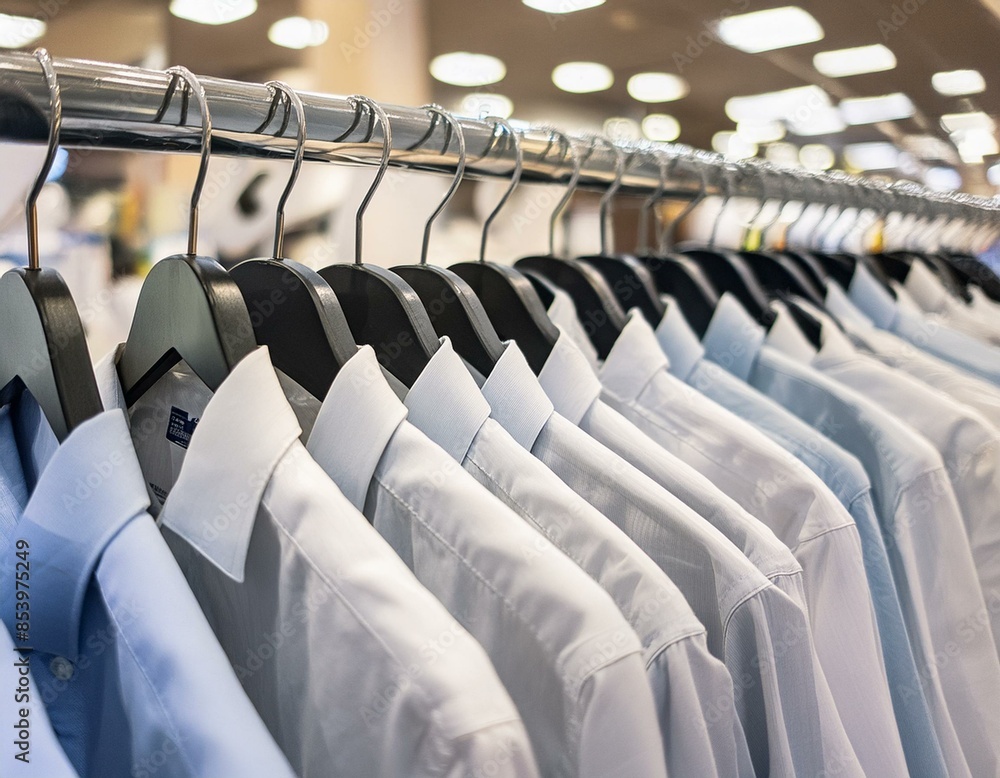 Fototapeta premium Shirts hanging rack, casual wear, men's clothing, sale, shopping concept in the mall for design