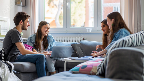 Group of students studying together at home. They are sitting on the sofa and talking.