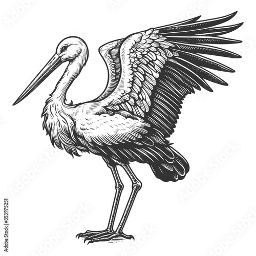 stork bird with its wings partially spread, showcasing detailed feathers and graceful posture sketch engraving generative ai vector illustration. Scratch board imitation. Black and white image.