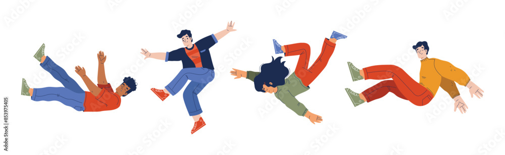 Happy and Rejoicing Jumping Man and Woman Character Cheering Vector Illustration Set Happy and Rejoicing Jumping Man and Woman Character Cheering Vector Illustration Set