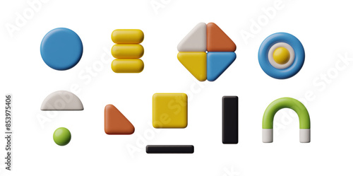 Set 3D abstractions in the brutalist style: triangular, round, square and rectangular shapes