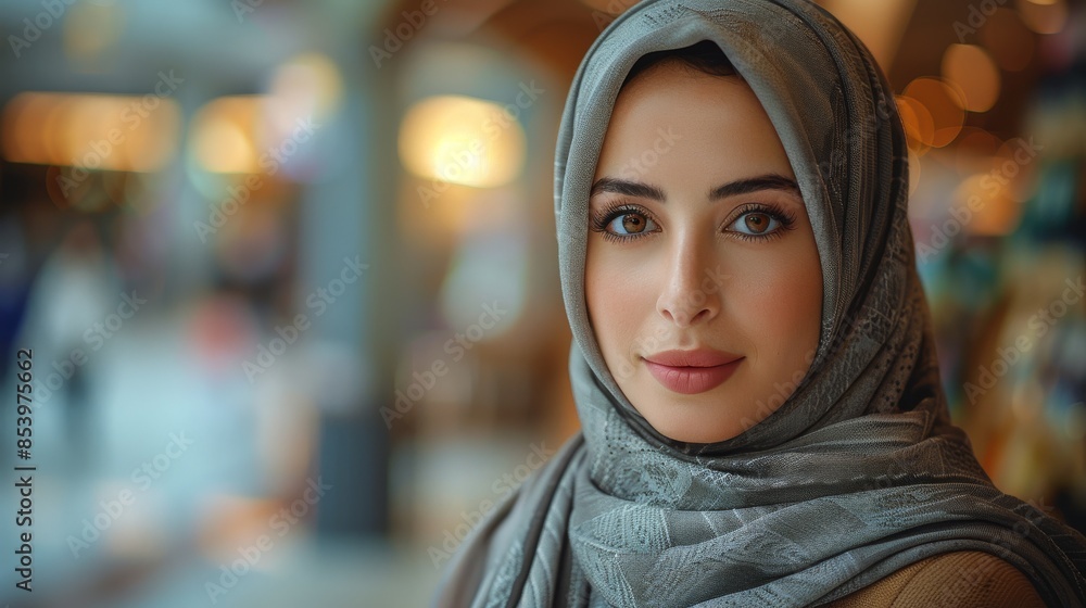 A young woman with a serene expression, wearing a gray hijab, indoors against a bokeh backdrop A young woman with a serene expression, wearing a gray hijab, indoors against a bokeh backdrop