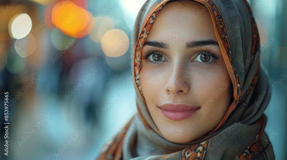 Smiling young woman in a patterned hijab against a vibrant bokeh background Smiling young woman in a patterned hijab against a vibrant bokeh background